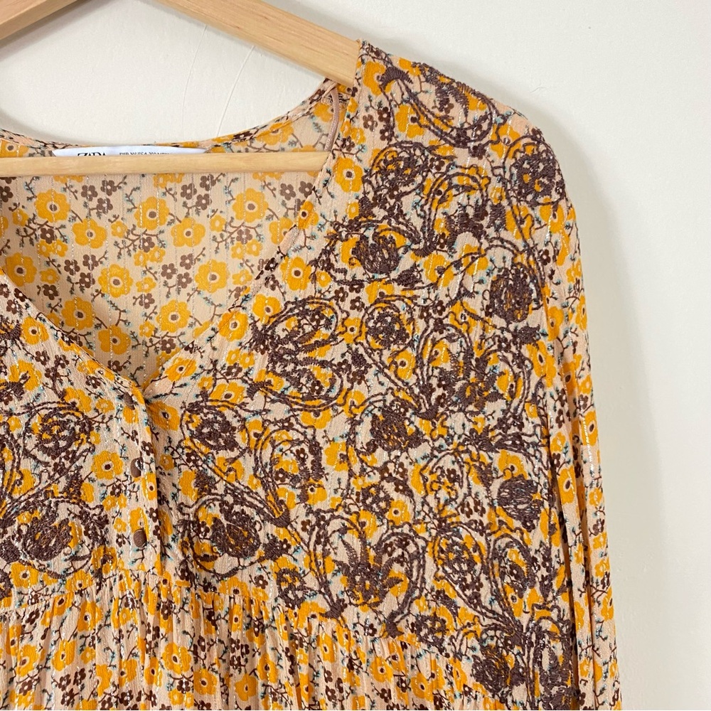 ZARA Floral Embroidered Long Sleeve Mini Dress Mustard Yellow - XS - Picture 9 of 16